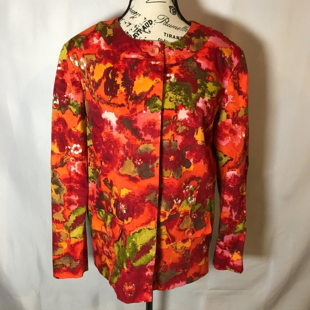 Chico's Floral Multi Colored Hidden Button Jacket Size 2 (12-14)  blazer